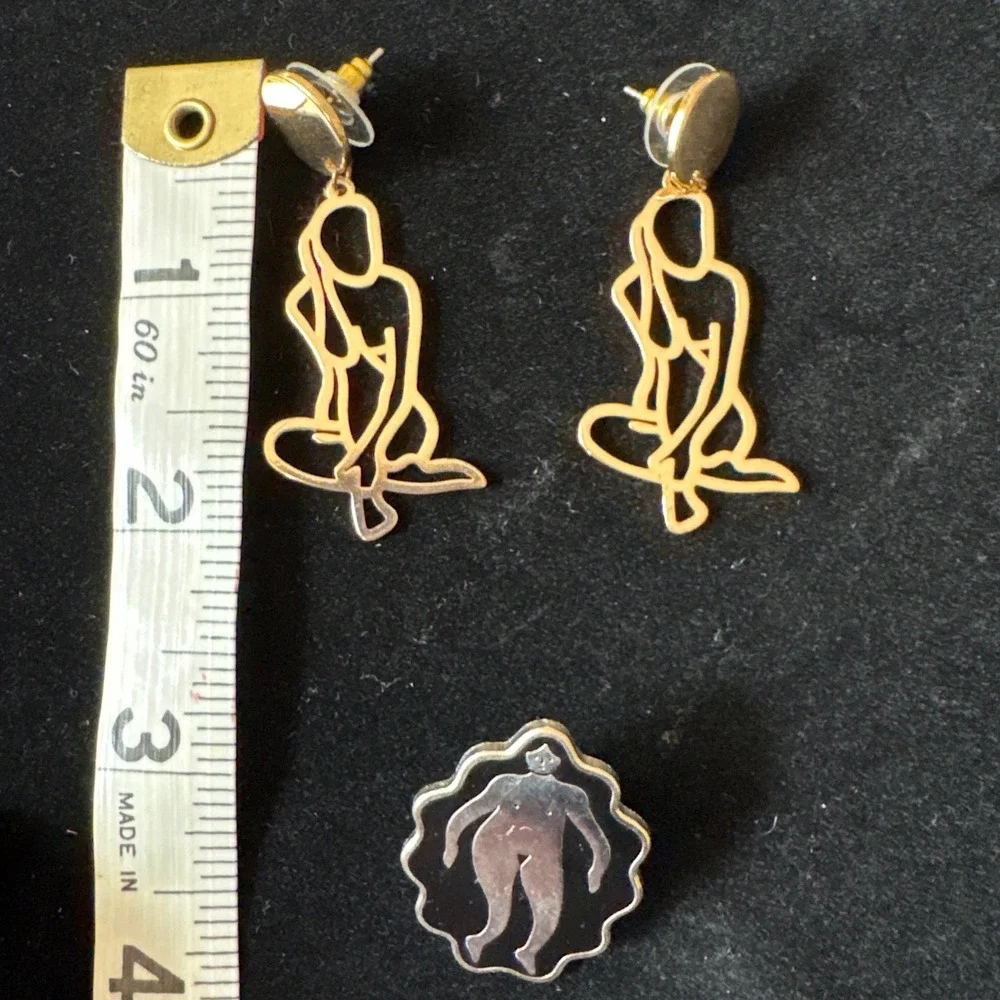 Abstract Female Silhouette Gold Tone Drop‎ Earrings and Enamel Pin Set
